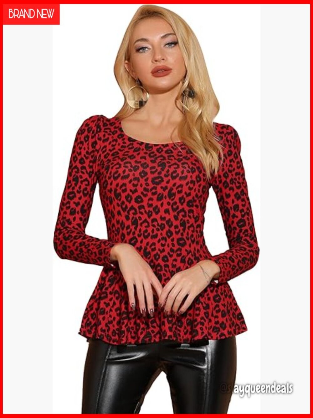 Animal Print Long Sleeve Ruffled Peplum Top Leopard Blouse Casual